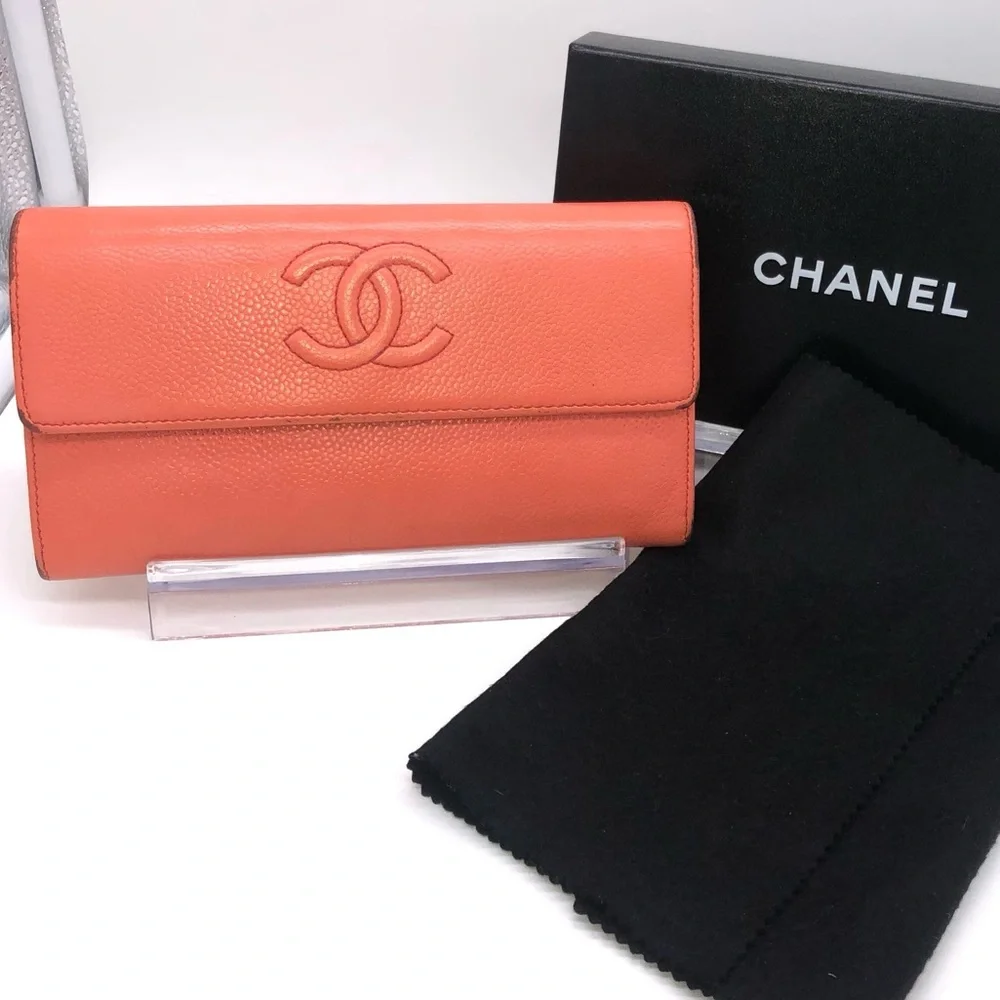 🩷CHANEL Wallet Timeless CC Embroidered Top Flap Snap Long Salmon Pink Coral COA